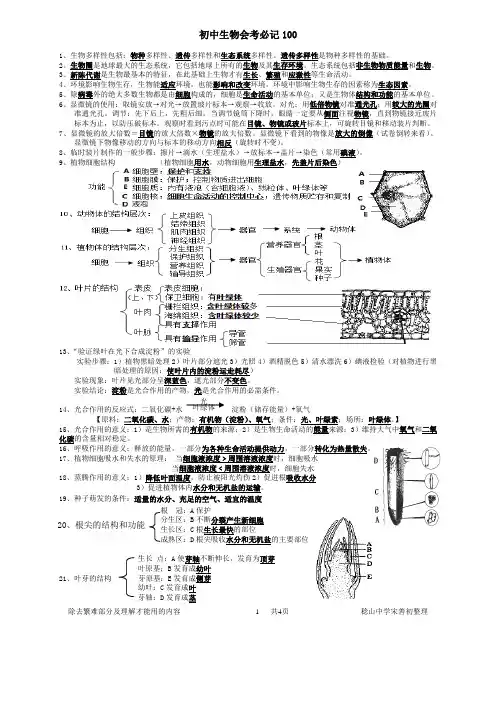 初中生物会考必记100