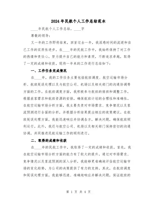 2024年民航个人工作总结范本(2篇)