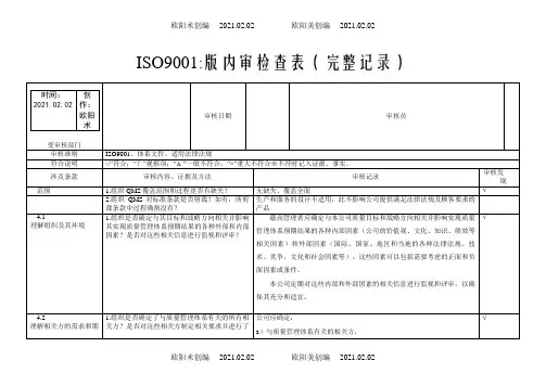 iso9001-内审检查表(带完整审核记录)-非常好之欧阳术创编