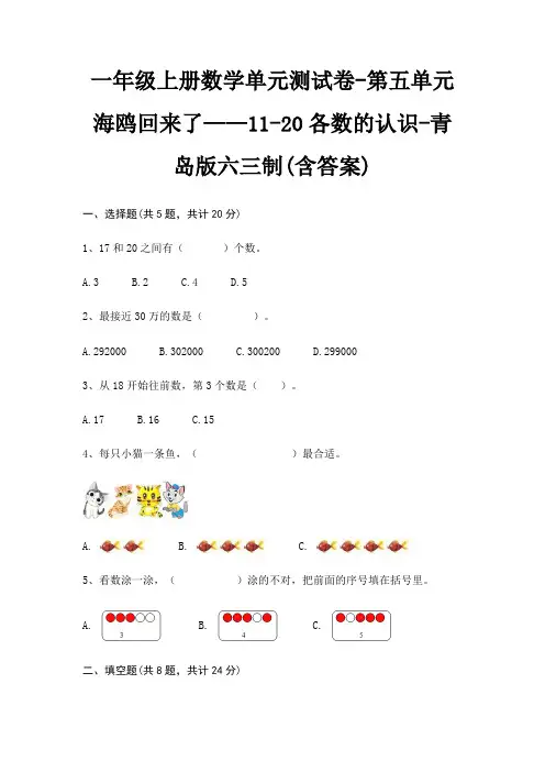 一年级上册数学单元测试卷-第五单元 海鸥回来了——11-20各数的认识-青岛版六三制(含答案)