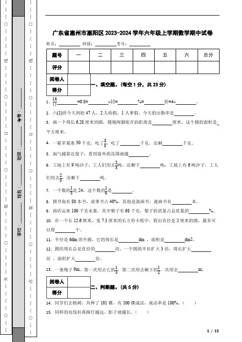 广东省惠州市惠阳区2023-2024学年六年级上学期数学期中试卷