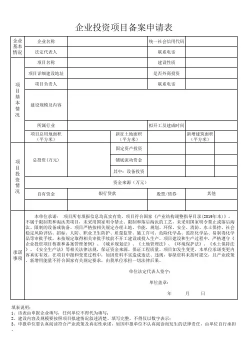 企业投资项目备案申请表
