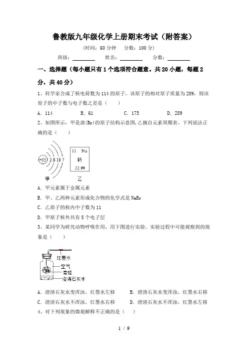 鲁教版九年级化学上册期末考试(附答案)