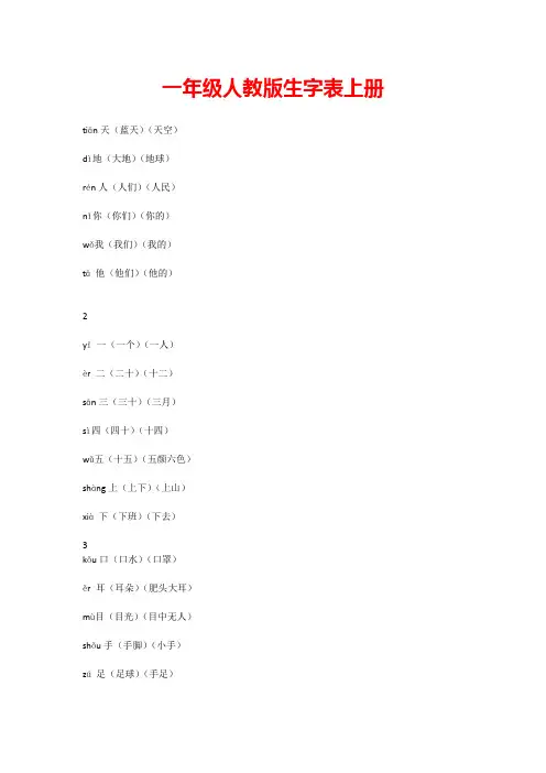 一年级人教版生字表上册