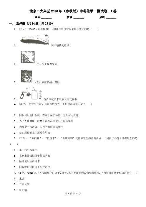 北京市大兴区2020年(春秋版)中考化学一模试卷  A卷