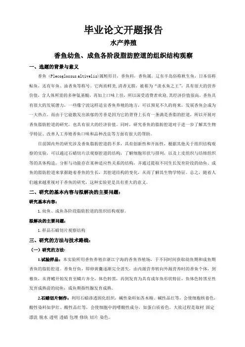 香鱼幼鱼、成鱼各阶段脂肪腔道的组织结构观察【开题报告】