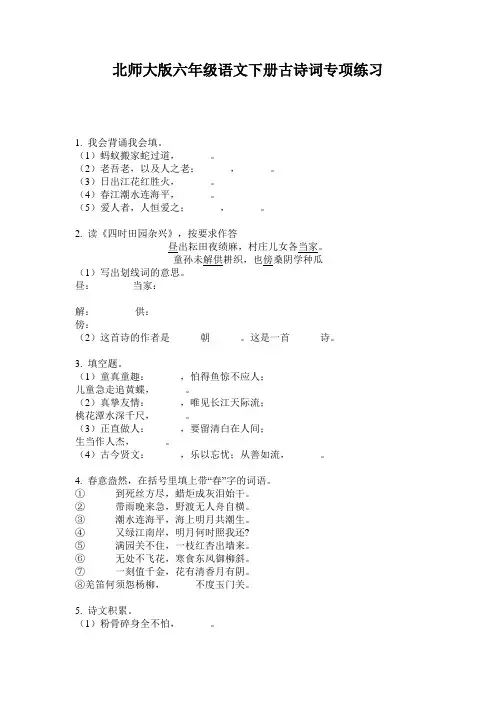 北师大版六年级语文下册古诗词专项练习