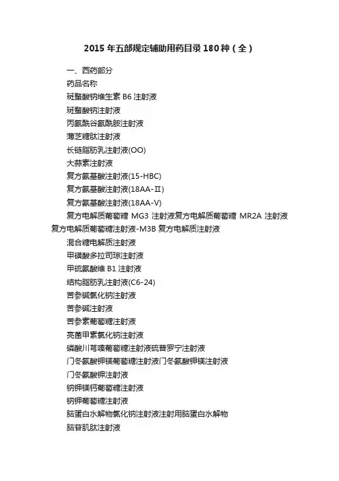 2015年五部规定辅助用药目录180种（全）