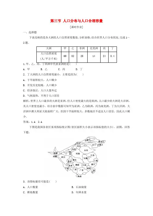 2017-2018学年高中地理 第一单元 人口与地理环境 第三节 人口分布与人口合理容量优化练习 鲁