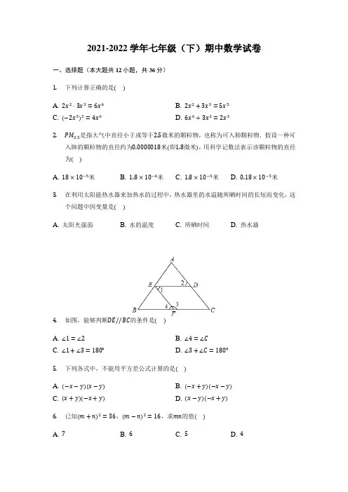 北师大版七年级下册数学期中试卷(含答案)