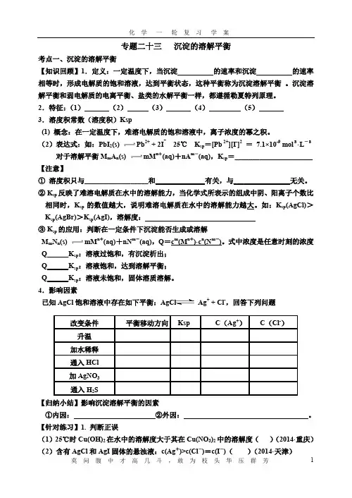专题二十三沉淀的溶解平衡
