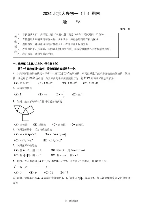 2024北京大兴区初一(上)期末数学试卷及答案