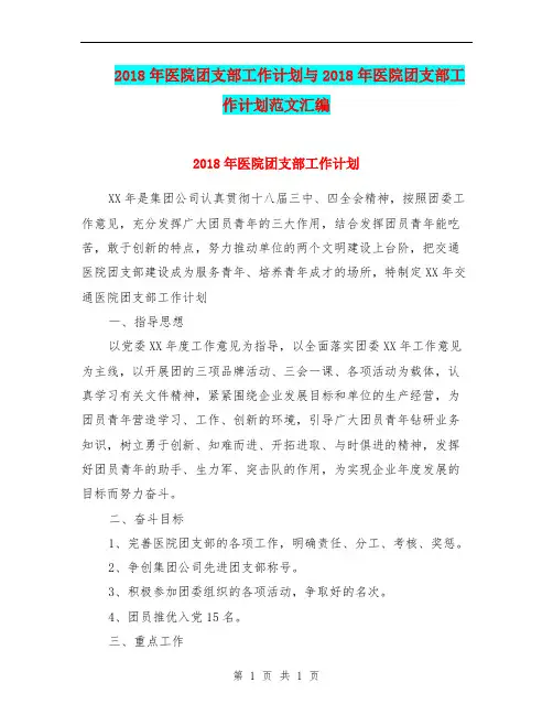 2018年医院团支部工作计划与2018年医院团支部工作计划范文汇编.doc