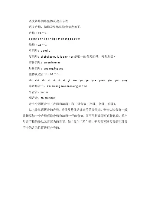 语文声母韵母整体认读音节表