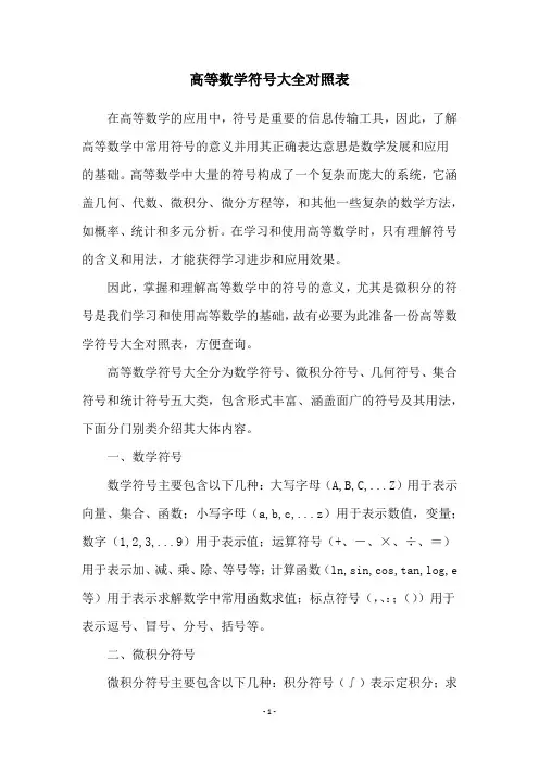 高等数学符号大全对照表