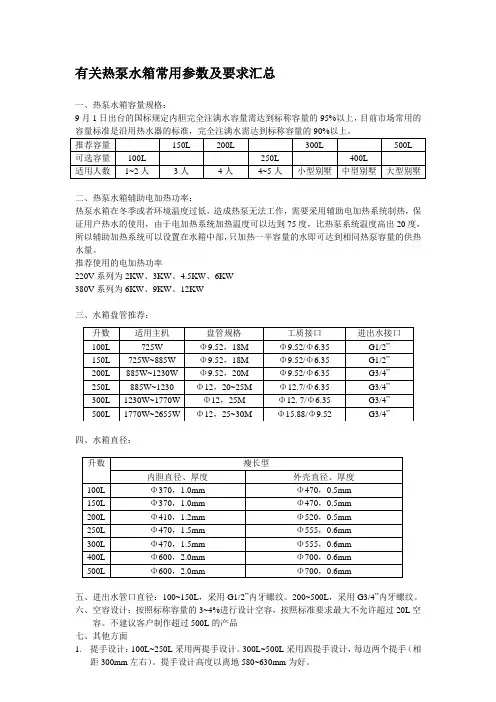 有关水箱常用参数汇总