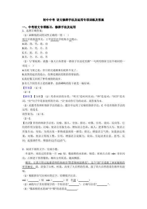 初中中考 语文修辞手法及运用专项训练及答案