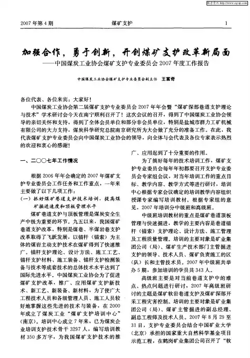 加强合作,勇于创新,开创煤矿支护改革新局面——中国煤炭工业协会煤矿支护专业委员会2007年度工作报告