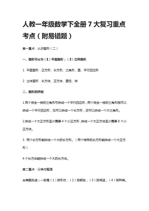 人教一年级数学下全册7大复习重点考点(附期末易错题)