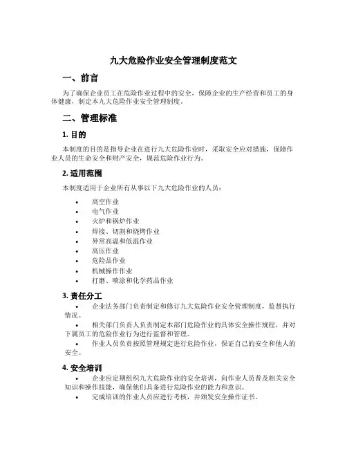 九大危险作业安全管理制度范文