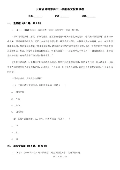 云南省昆明市高三下学期语文检测试卷