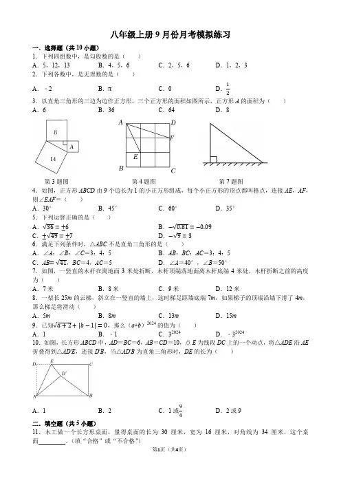 2024-2025学年北师大版数学八年级上册9月份月考模拟练习