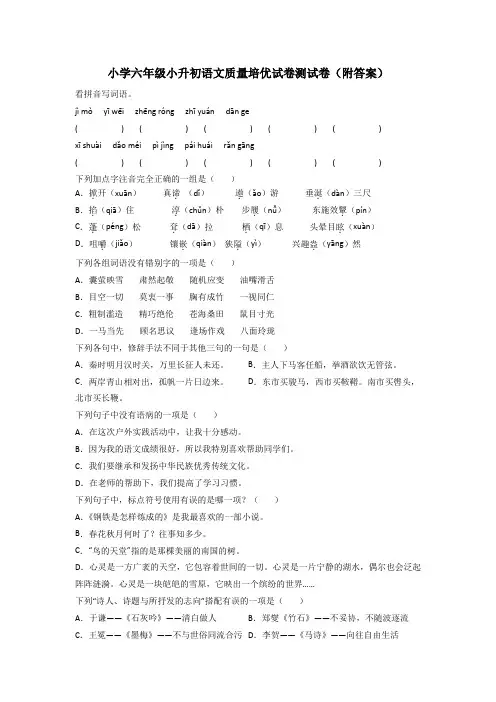 小学六年级小升初语文质量培优试卷测试卷(附答案)