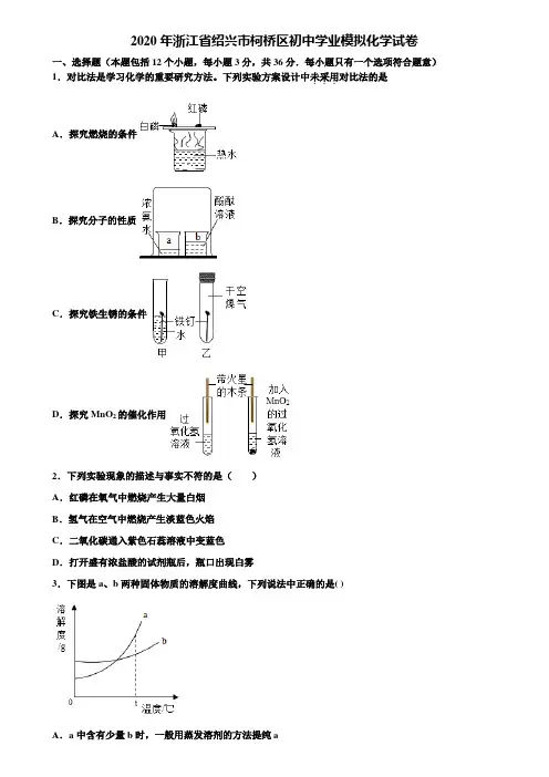 【附20套中考模拟试卷】2020年浙江省绍兴市柯桥区初中学业模拟化学试卷含解析