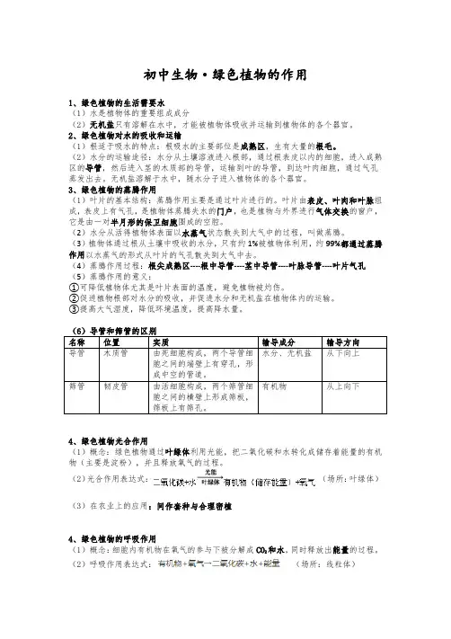 七年级生物第四章知识点汇总 绿色植物的作用