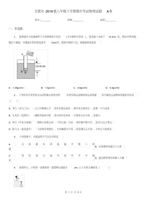 合肥市2019版八年级下学期期中考试物理试题A卷