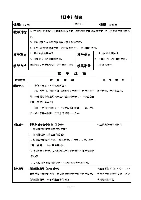 【人教版】地理7年级下册7.1《日本》教案1