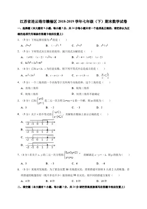 江苏省连云港市赣榆区2018-2019学年七年级(下)期末数学试卷解析版