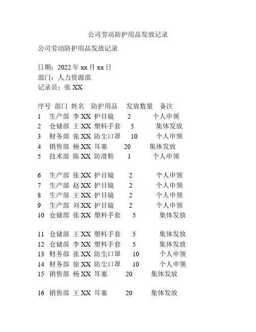 公司劳动防护用品发放记录