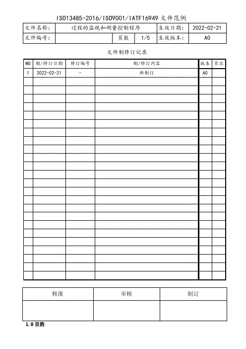 ISO13485-2016过程的监视和测量控制程序