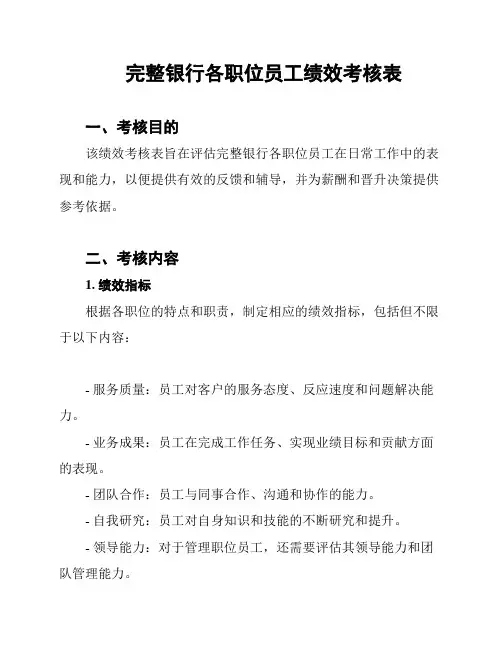 完整银行各职位员工绩效考核表