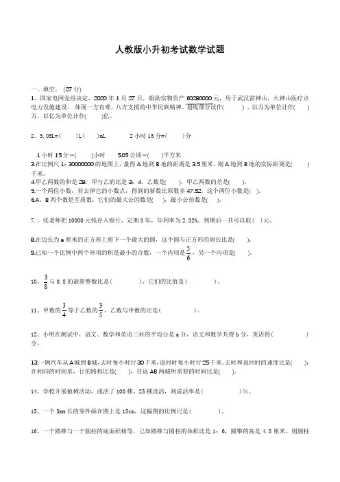 人教版六年级小升初数学冲刺模拟试卷(含答案解析)