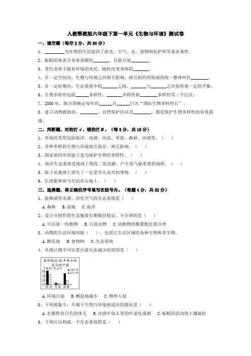 人教鄂教版版六年级下册科学第一单元《生物与环境》单元测试附答案