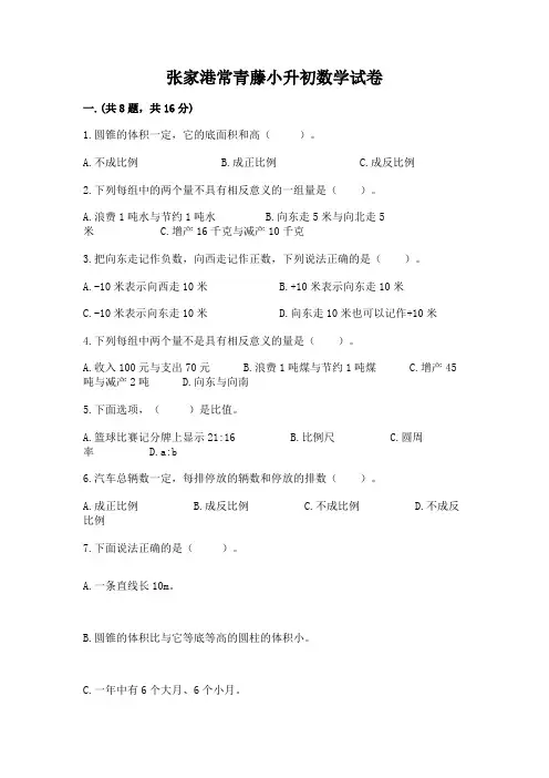 张家港常青藤小升初数学试卷精品【夺冠】
