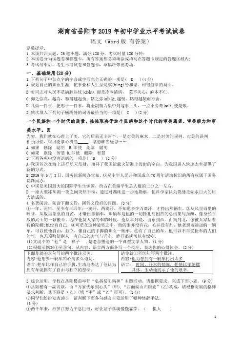 湖南省岳阳市2019年中考语文试题(有答案)【精品】.docx