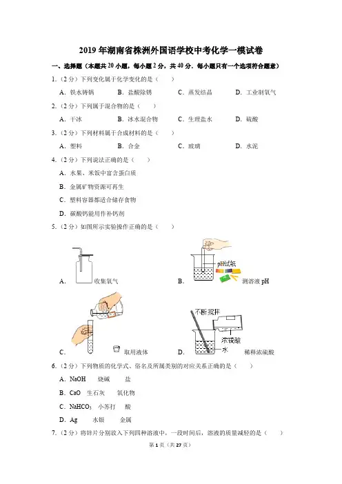 2019年湖南省株洲外国语学校中考化学一模试卷及答案