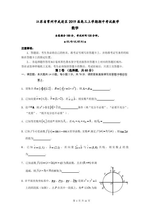 江苏省常州市武进区2019届高三上学期期中考试数学试题 含答案