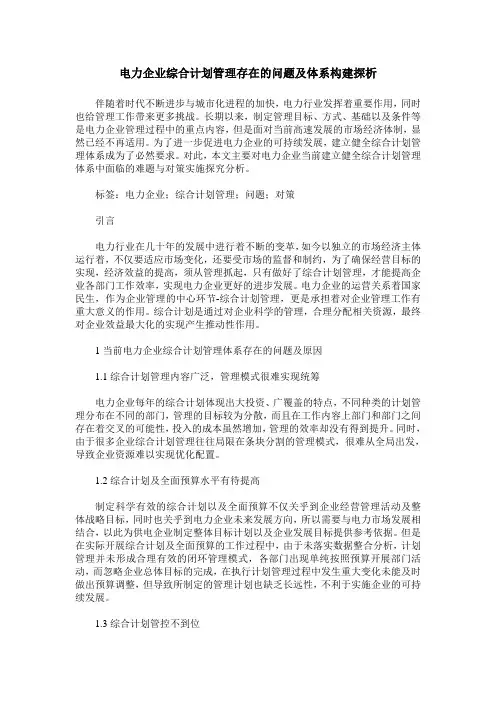 电力企业综合计划管理存在的问题及体系构建探析