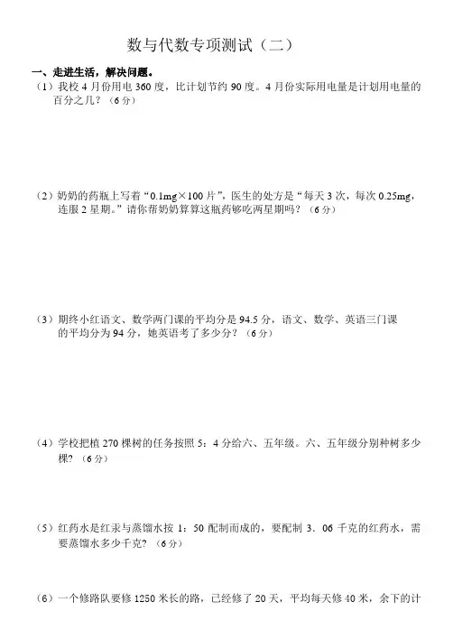 六年级下册数学试题-数与代数专项测试(二)无答案苏教版