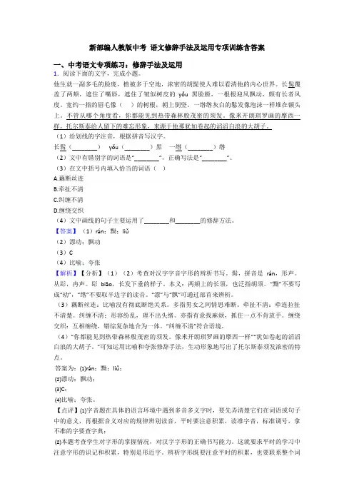 新部编人教版中考 语文修辞手法及运用专项训练含答案
