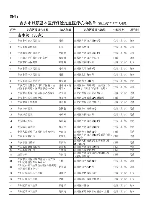 吉安市城镇基本医疗保险定点医疗机构名单(截止到2014年