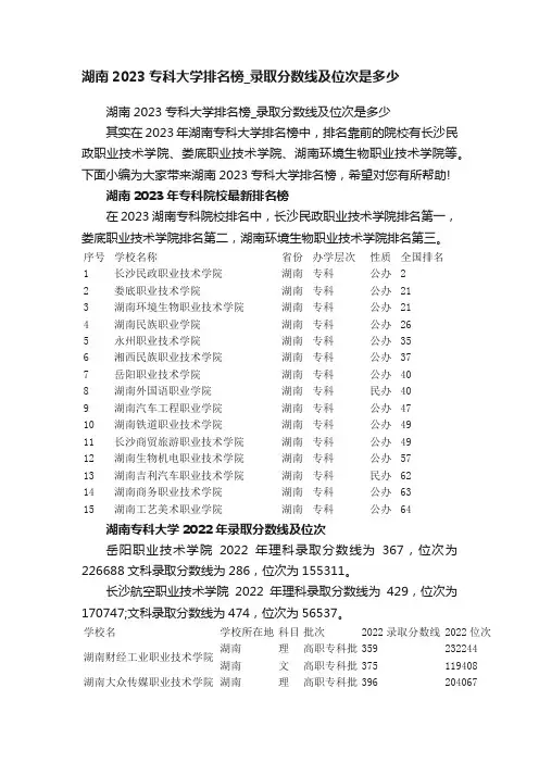 湖南2023专科大学排名榜_录取分数线及位次是多少