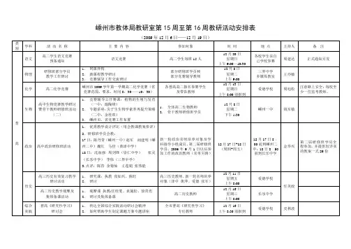 嵊州市教体局教研室第15周至第16周教研活动安排表