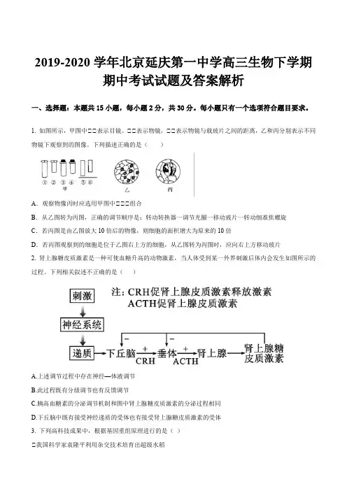 2019-2020学年北京延庆第一中学高三生物下学期期中考试试题及答案解析