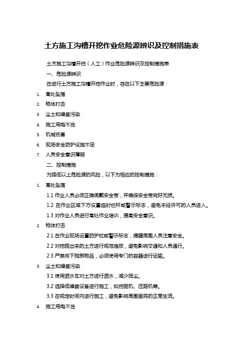 土方施工沟槽开挖作业危险源辨识及控制措施表