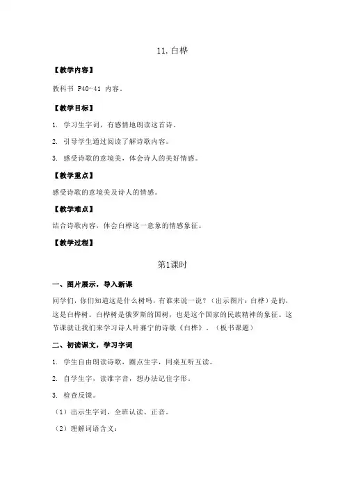 新教材部编版四年级语文下册：11.白桦教案+反思